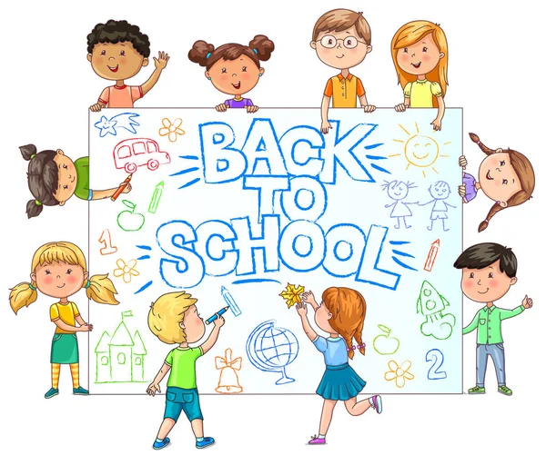 Bright Cute Kids Hold Banner Back School Painted Childrens Drawing — Stock Vector