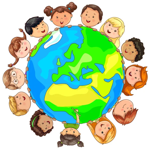 Dünya Gezegeninin Etrafında Parlak Şirin Çocuklar Farklı Milletlerden — Stok Vektör
