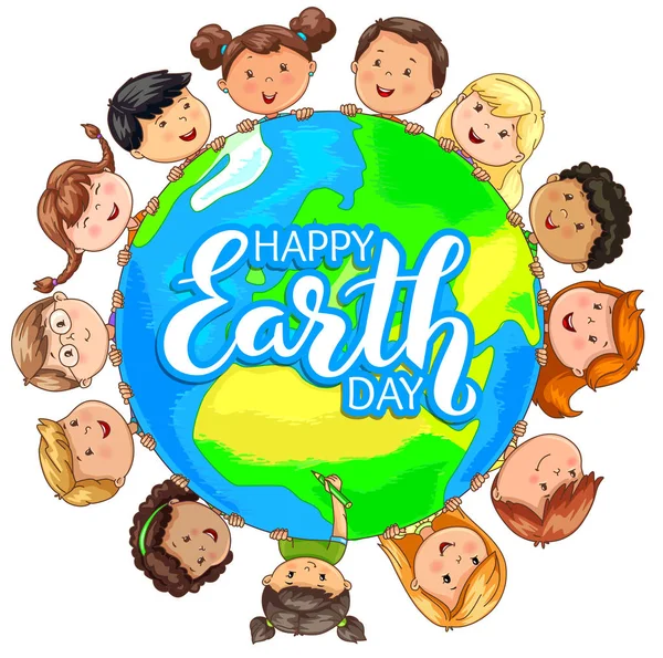 Cool Söta Barn Olika Nationaliteter Håll Planet Happy Earth Day — Stock vektor