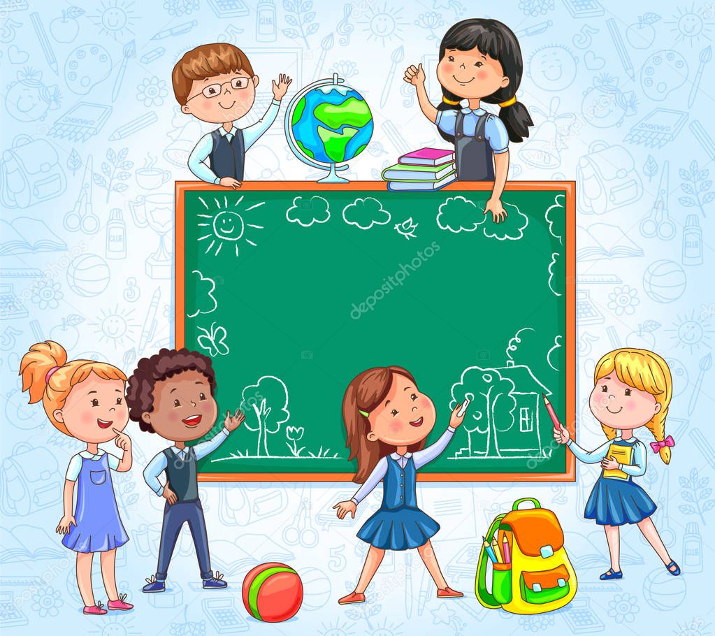 Bright school board with cute children around draw with chalk