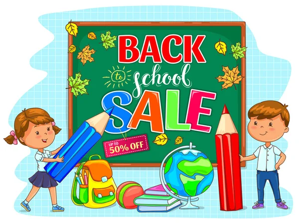 Geri için okul satış illüstrasyon okul yönetimi ve şirin çocuklar çizim ile parlak.