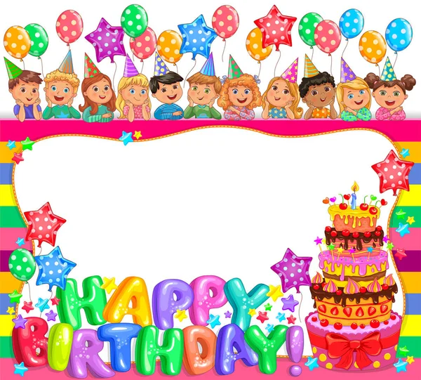 誕生日ケーキとかわいい子供たちとクールなフレーム — ストックベクタ