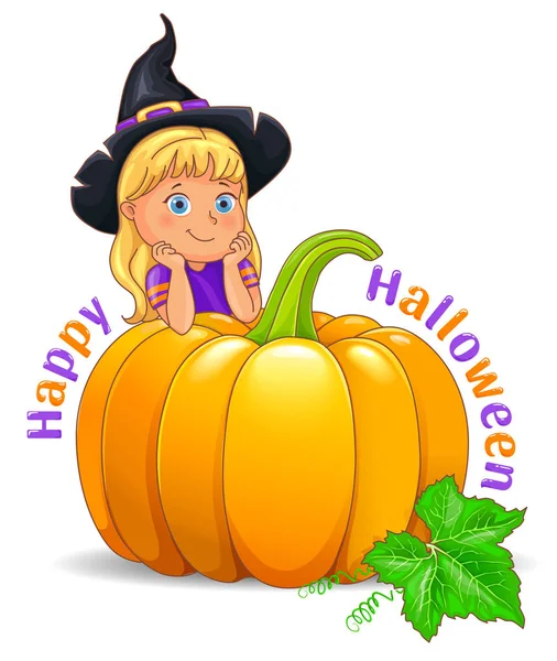 Feliz Halloween Menina Engraçada Chapéu Bruxa Com Abóbora — Vetor de Stock