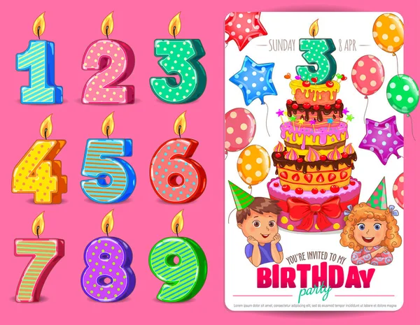 誕生日の数字ろうそくのかわいい子供たちと ケーキの誕生日パーティの招待状カードのテンプレート — ストックベクタ