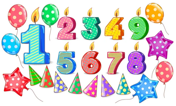 誕生日の数字キャンドル ボール コーン明るいセット — ストックベクタ