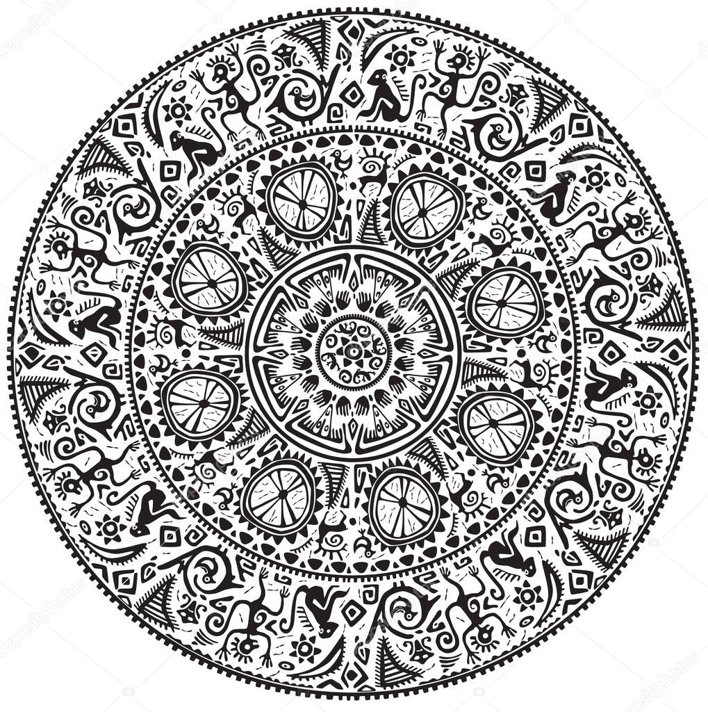 Monochrome round seamless ornament in ethnic African style