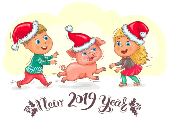 Słodkie Dzieci Little Pig Nowy Rok 2019 — Wektor stockowy