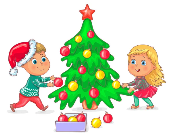 子供たちはクリスマスのモミの木を飾る — ストックベクタ