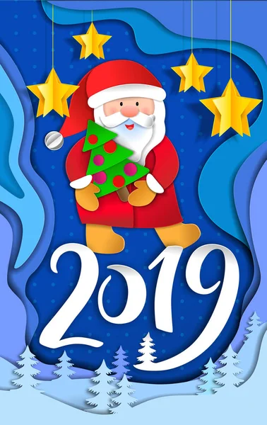 Tarjeta Navidad 2019 Capas Vectoriales Papel Cortado — Vector de stock