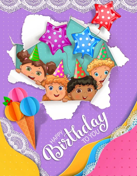 かわいい子供たちと垂直の明るい誕生日カード — ストックベクタ