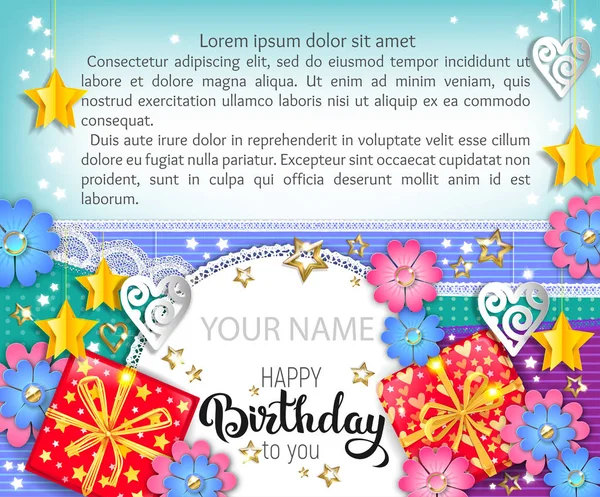 Happy Birthday Bright Banner Your Name Text — Stock Vector