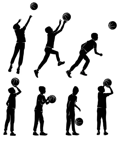 Σιλουέτες Αγόρι Παίζει Μπάσκετ — Διανυσματικό Αρχείο