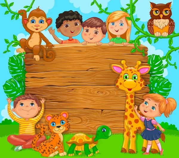 Cartoon Happy Kids Animal Wooden Banner Vector Eps10 — Stock Vector