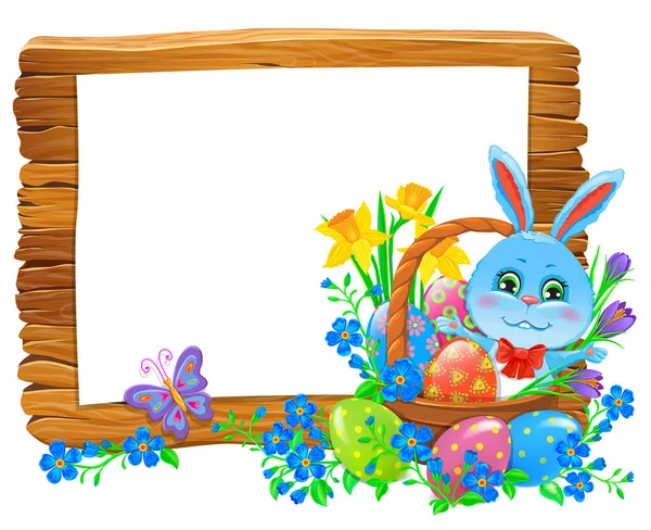 Happy Easter Wooden Banner Rabbit Basket Flowers Vector Illustration — Stock Vector