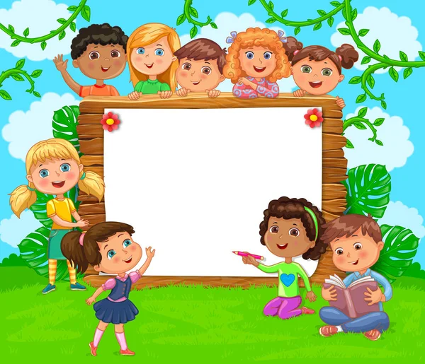 Banner Madera Con Papel Blanco Lindos Niños Verde — Vector de stock