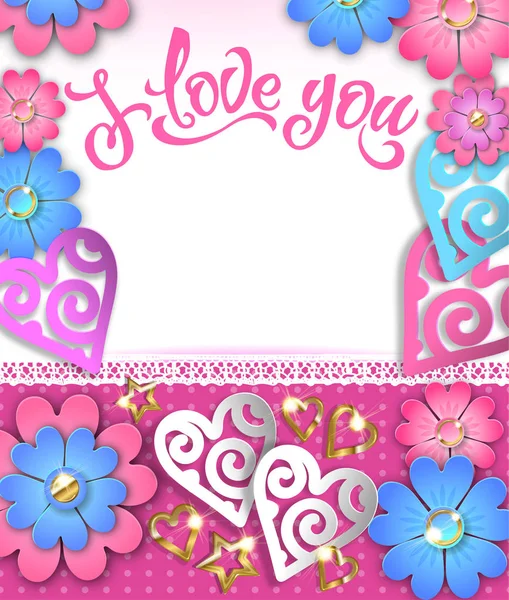 Banner Love You Paper Hearts Flowers Vector Eps10 — Stock Vector