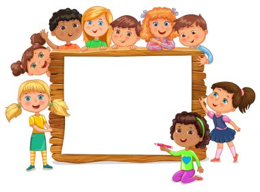 Şirin çocuklar yakın boş ahşap ana başlık ayakta. Vektör Eps10.