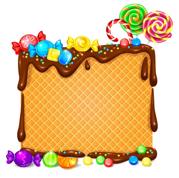 Csokoládé Sok Fényes Nyalókák Candy Banner Gofri Vektoros Illusztráció — Stock Vector