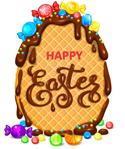 Happy Easter Waffle Ovo Chocolate Com Muitos Pirulitos Brilhantes Banner — Vetor de Stock