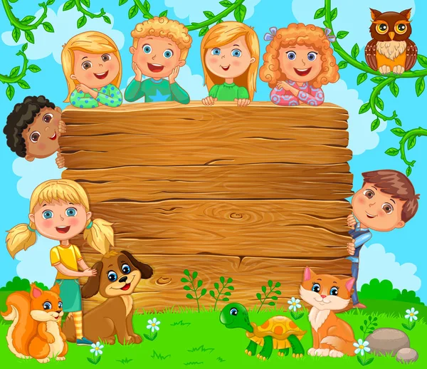 かわいい子供たちと木製の空白のバナー付近のペット ベクトル図 — ストックベクタ