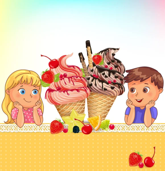 Composición niños y helado lugar en blanco para su texto . — Vector de stock