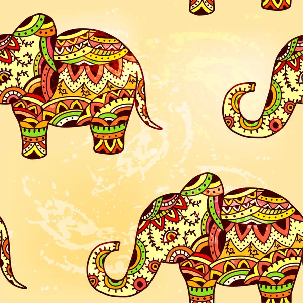 Patrón étnico brillante sin costuras con elefante — Vector de stock
