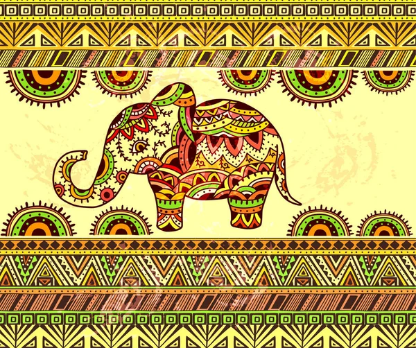 Яркий горизонтальный этнический рисунок со слоном — стоковый вектор