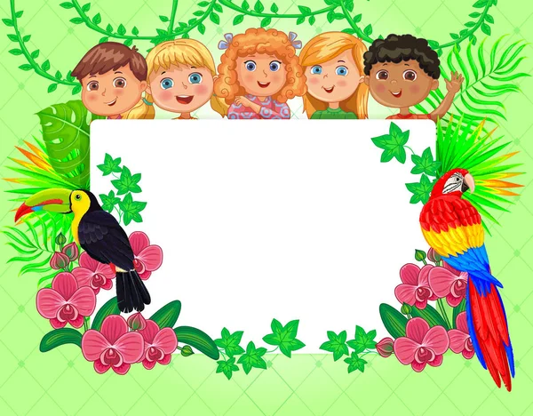 Banner blank for your text summer, tropics and cute kids. — Stock Vector