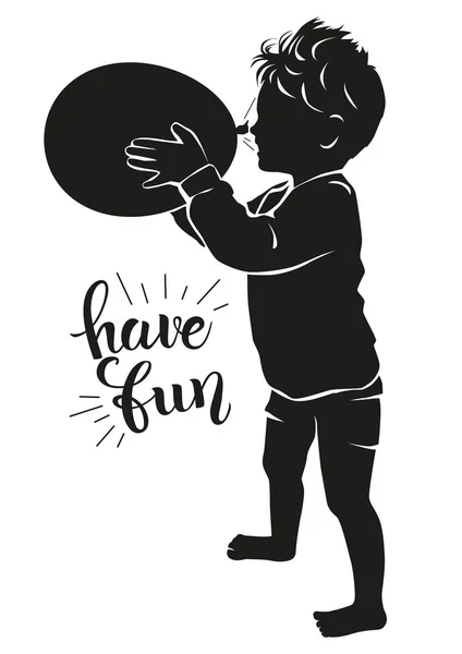 Silhouette happy child with balloon blowing. — Stock Vector