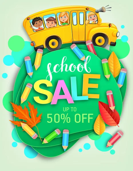 Szkoła sprzedaży kreatywnych banner z autobusu i dzieci — Wektor stockowy