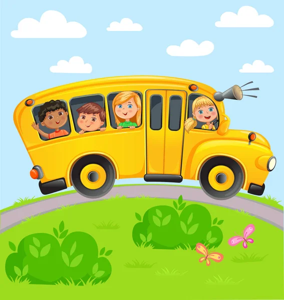 Gele bus met kinderen. — Stockvector