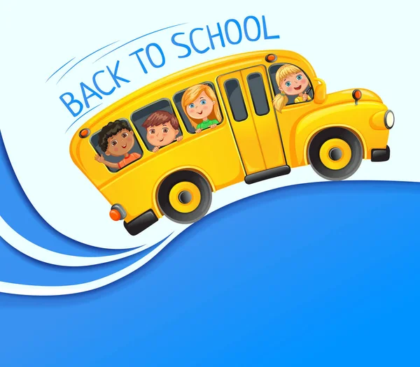 Yellow bus with kids on blue banner. — Stock Vector