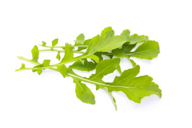 Taze organik yeşil rukkola, rucola veya roka, yığın, salata yaprakları, beyaz arka plan üzerinde izole