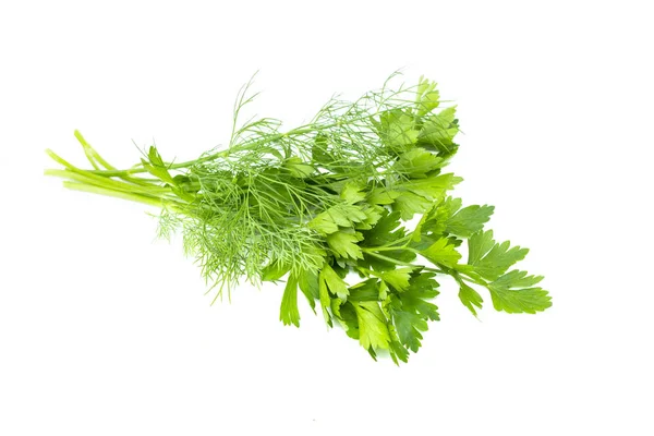 Pacote de endro fresco e salsa, folhas orgânicas verdes cruas, ingrediente alimentar, tiro estúdio, isolado em fundo branco — Fotografia de Stock