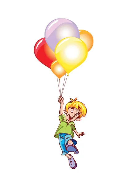Happy νεαρό αγόρι που φέρουν με χρωματιστά μπαλόνια σε λευκό φόντο. Εικονογράφηση διάνυσμα. Παιδική ηλικία, η έννοια της ευτυχίας — Διανυσματικό Αρχείο
