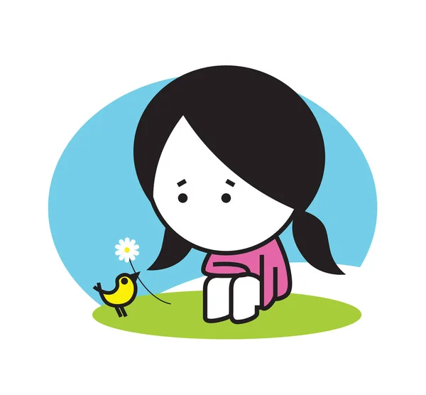 귀여운 소녀와 작은 새, 푸른 잔디, 푸른 하늘, 벡터 디자인 일러스트 레이 션, 최소한의 디자인. 친구를 위한 사랑 스러운 카드 — 스톡 벡터
