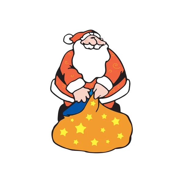 Santa Claus openen zak met sterren, zak met speelgoed, cadeaus. Kerst vectorillustratie, Xmas sjabloonontwerp — Stockvector