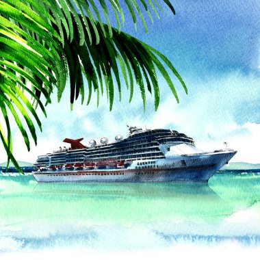 Lüks büyük gemi yelken bağlantı noktasından cruise, palmiye ağacı, seyahat, panoramik manzara ile egzotik tropik ada üzerinden görüntüleyebilir, çizilmiş suluboya resim, beyaz arka plan el