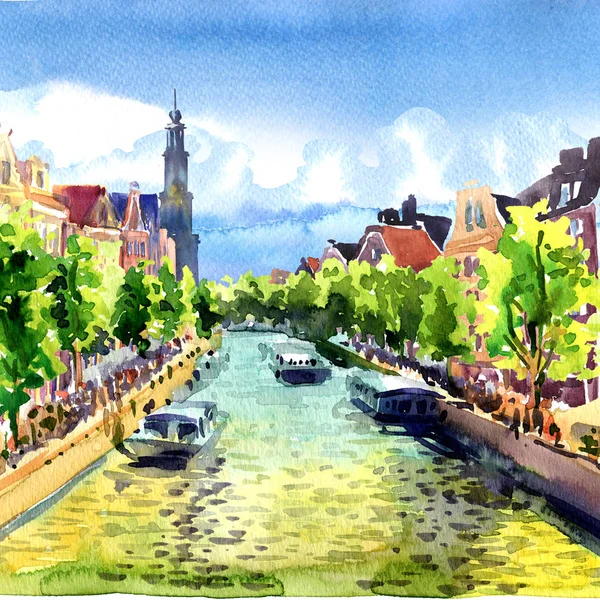 伝統的な古い建物とアムステルダムの運河のボート、オランダ, オランダ, ヨーロッパの風景水彩イラスト — ストック写真
