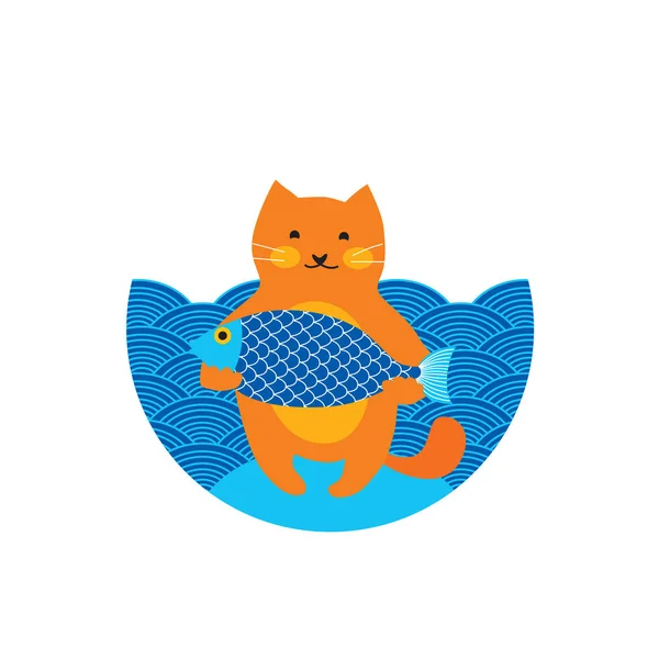 Chat rouge orange mignon, pêcheur avec gros poisson, mer bleue, illustration vectorielle isolée de personnage de dessin animé, carte de vœux — Image vectorielle