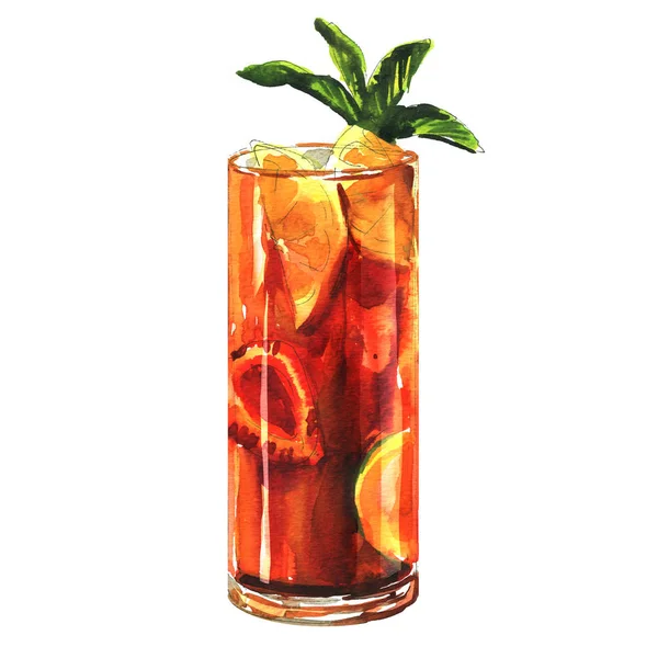 Cóctel rojo dulce con hojas de menta, sangría con frutas y bayas aisladas acuarela dibujada a mano ilustración en blanco — Foto de Stock