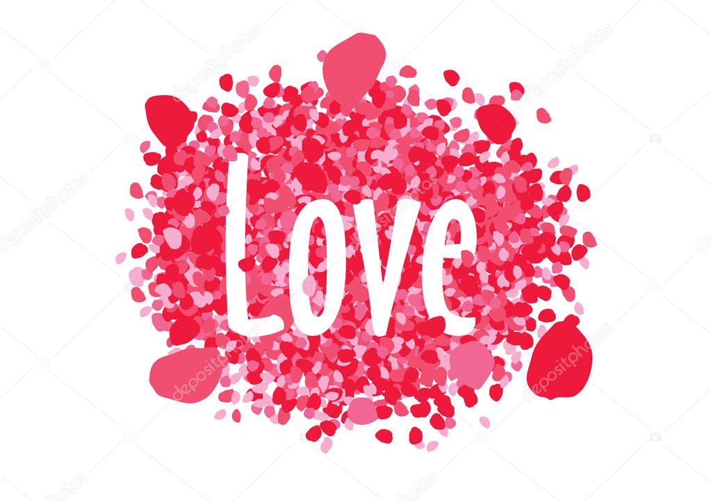 Rose flowers petals, romantic border frame with text love, happy valentines day, vector illustration isolated on white