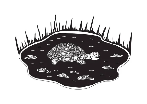 Graphic sea turtle in pond, black ink vector illustration — Stock Vector