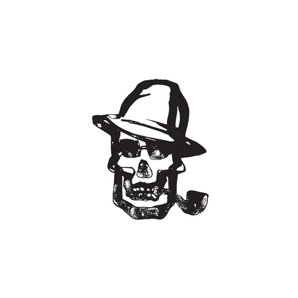 Cabeza de la muerte con tubo y sombrero, calavera humana dibujada a mano pipa humeante, ilustración vectorial en blanco y negro aislada en blanco — Archivo Imágenes Vectoriales
