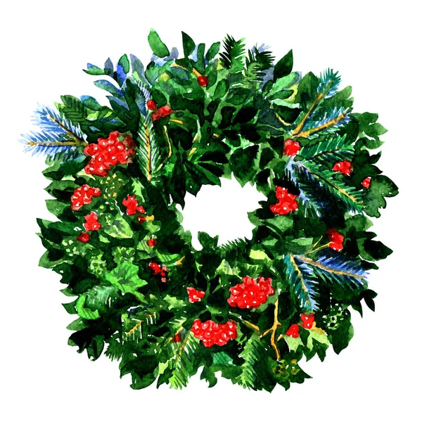 Tradiční zimní silvestrovský a vánoční věnec s červenými cesmína bobule, stálezelené zelené větvičky, izolované, akvarel, ilustrace — Stock fotografie