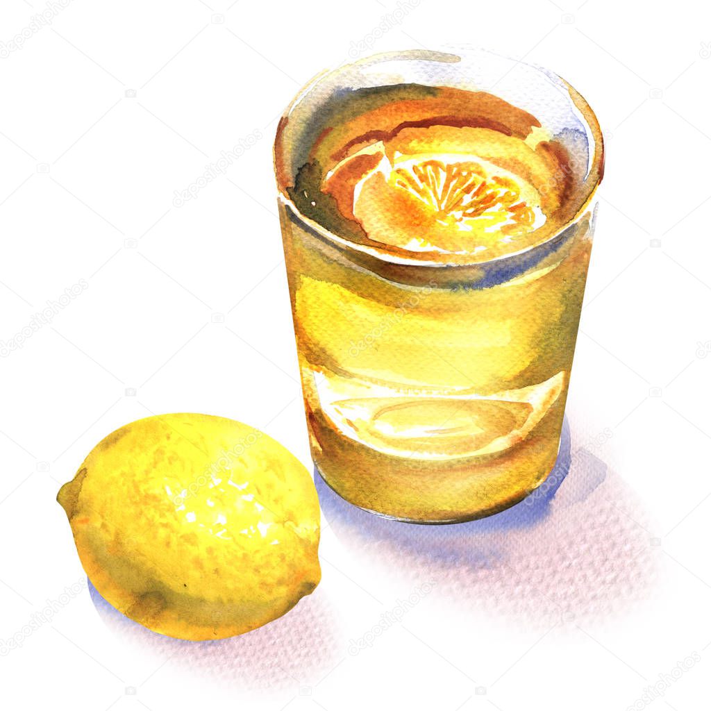 Glass of water with fresh lemon fruit, lemon juice, yellow citrus, beverage, lemonade refreshing drink, isolated, hand drawn watercolor illustration on white background