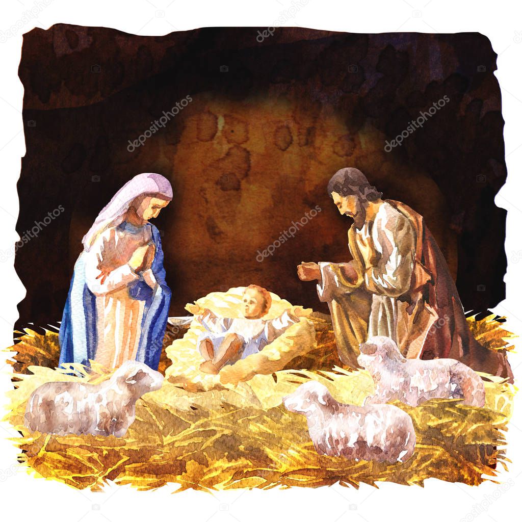 Traditional Christmas Crib, Holy Family, Christmas nativity scene with baby Jesus, Mary and Joseph in the manger with sheeps, Christian Catholic religious card, hand drawn watercolor illustration