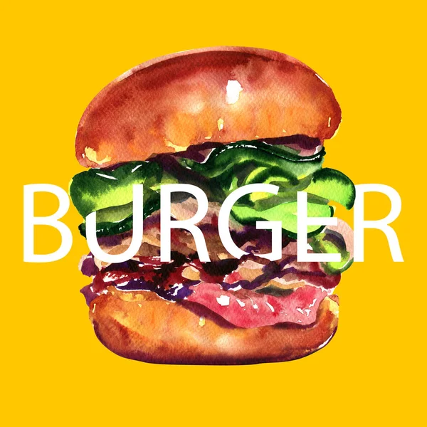 Großer leckerer Hamburger mit Text, frischem Burger, Fast-Food-Konzept, Plakat, Karte, Banner-Design, Aquarell-Illustration, isoliert, Aquarell-Illustration auf gelbem Hintergrund — Stockfoto