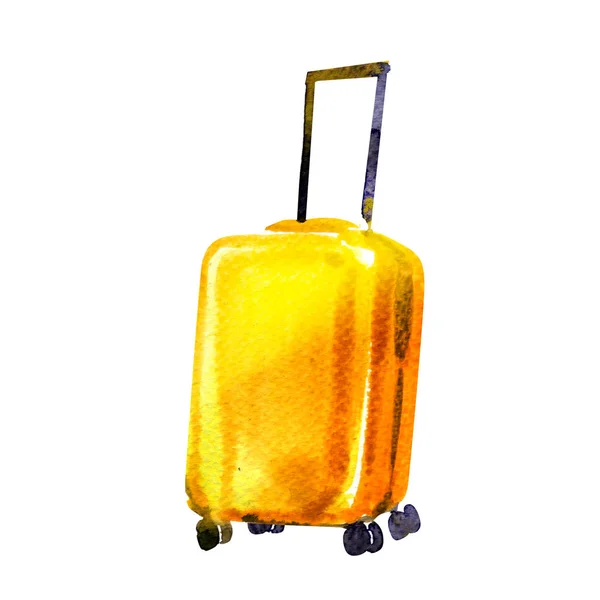 Bolsa de viaje, maleta de ruedas amarillas aislada, icono, símbolo de viaje turístico, vacaciones de verano y concepto de viaje, acuarela dibujada a mano ilustración en blanco —  Fotos de Stock