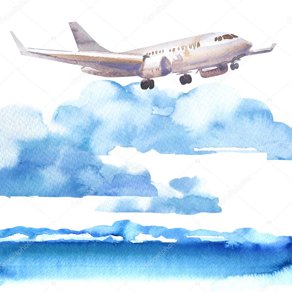 Passenger airplane in blue sky and cloud, flying jet, airliner landing over the sea, travel or vacation concept, hand drawn watercolor illustration on white